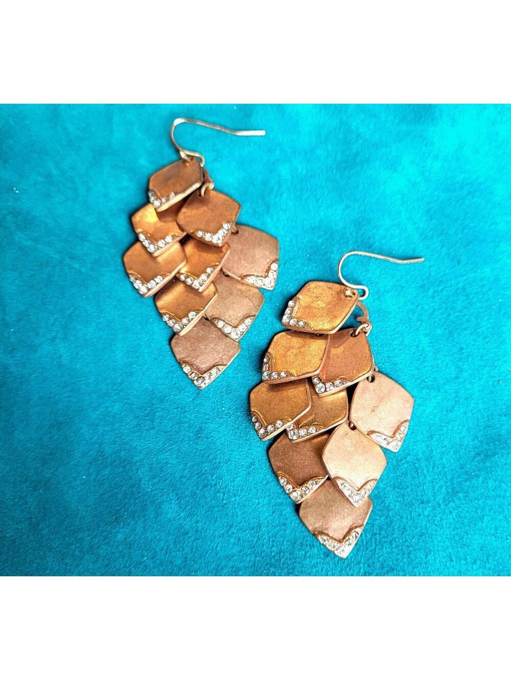 Vintage Style Copper Tone Dangle Earrings with Rhinestone Accents